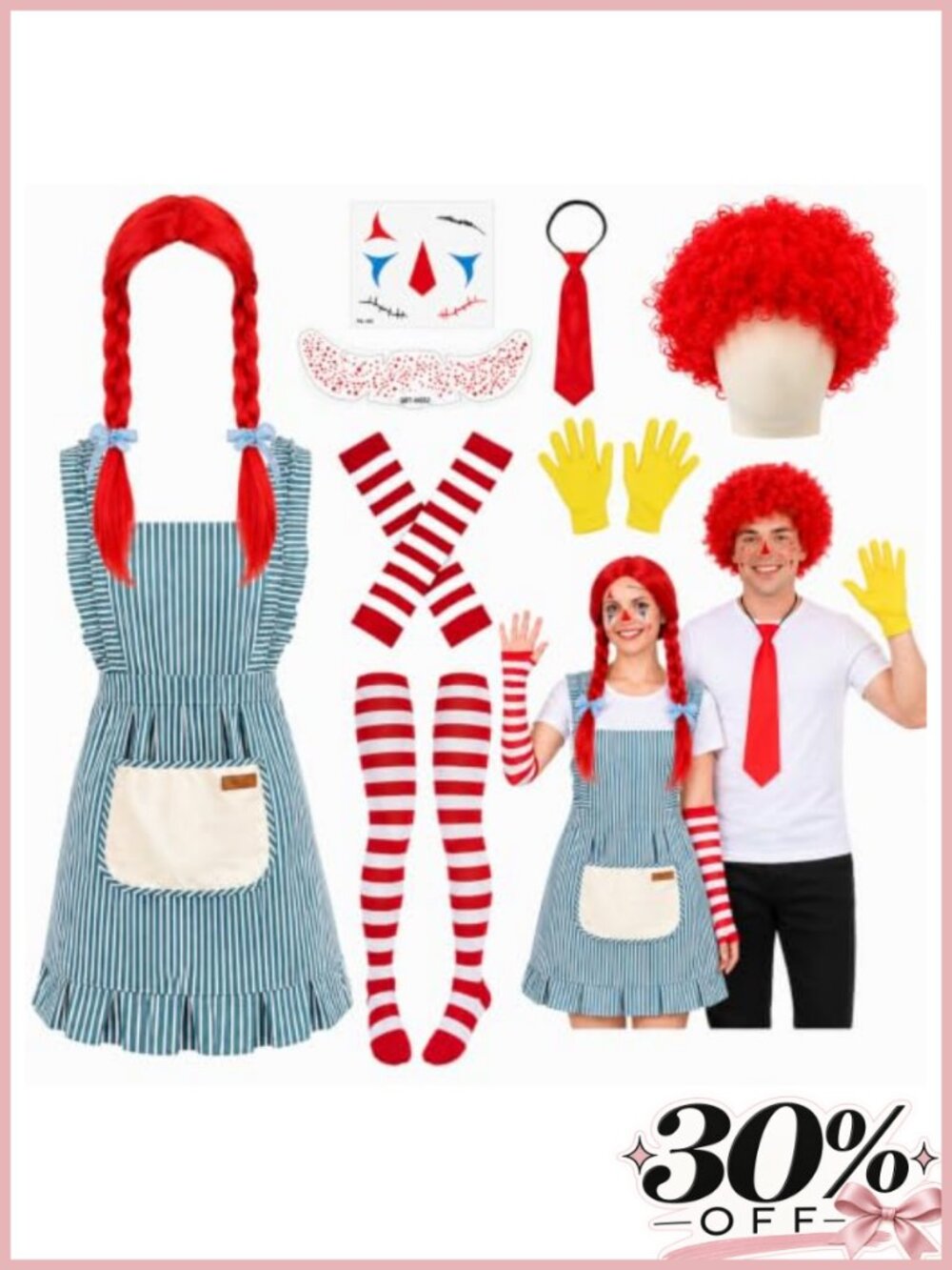 Fast Food Couples Halloween Costume Set 9-Piece Apron Wigs Socks Gloves Bow Tie